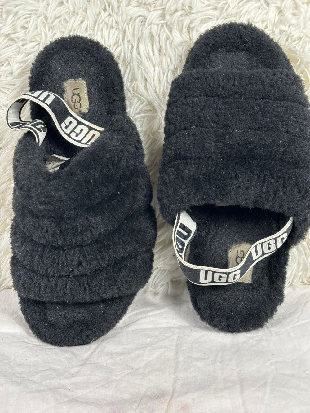 Ugg Fluff Yeah Black Genuine Shearling Slide Sandals Womens Size 8 Siper Soft
